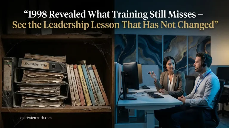 Split image showing outdated leadership training binders labeled Leadership 1998 on the left and a modern contact center mentor guiding a new team leader on the right, illustrating the contrast between traditional training and real behavioral development.