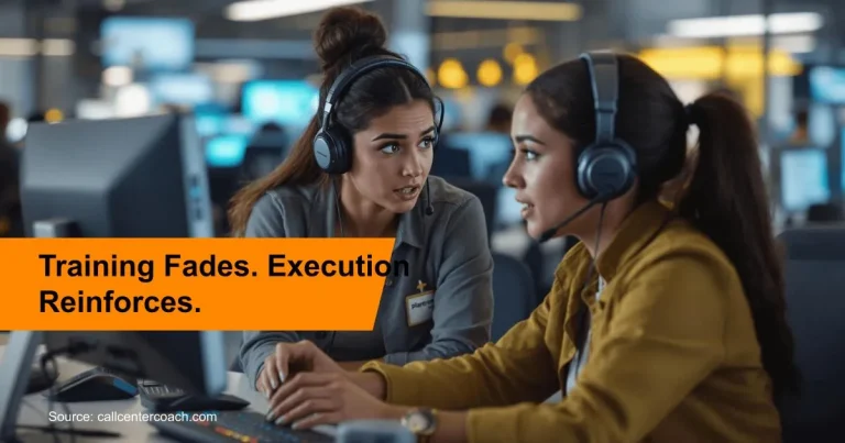 Supervisor reviewing AI-driven leadership prompts while leading on the contact center floor.