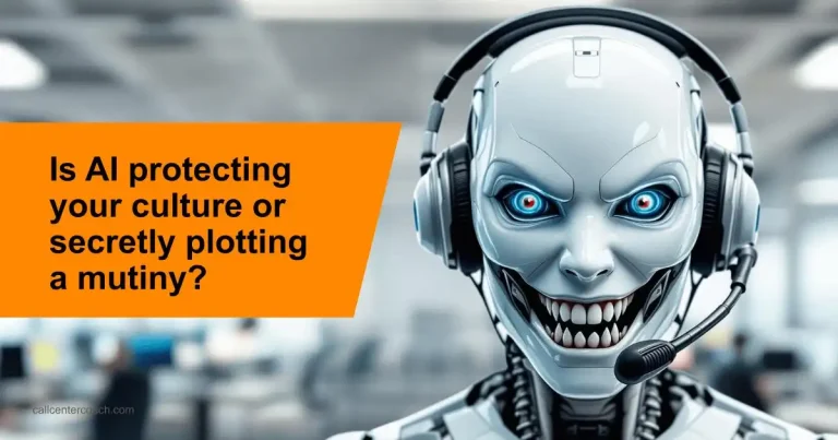 Sinister AI robot wearing a contact center headset with text: Is your AI protecting your culture or plotting a mutiny?