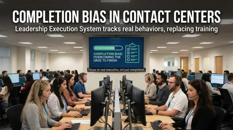 Contact center floor with supervisors on headsets and an overlay reading Completion Bias in Contact Centers with a message about focusing on execution instead of completion.