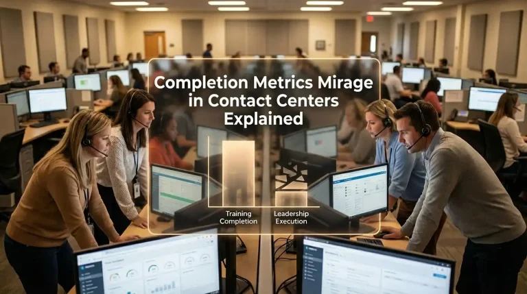 Contact center floor with supervisors on headsets and an overlay reading Completion Metrics Mirage in Contact Centers Explained.