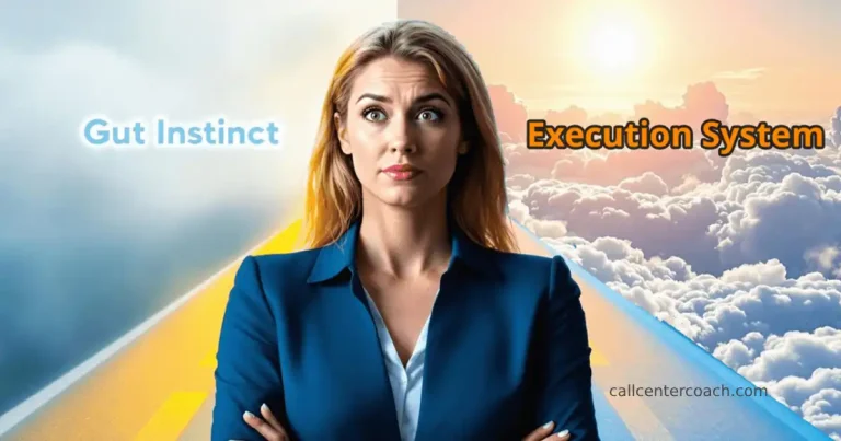Female contact center VP of Operations at a crossroads choosing between Gut Instinct and Execution System, representing supervisor decision-making and leadership skills.