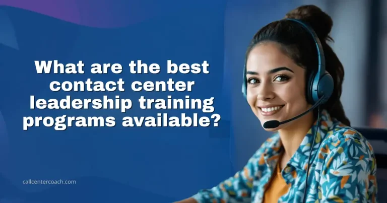 Smiling call center agent with headset beside headline “What are the best contact center leadership training programs available?”