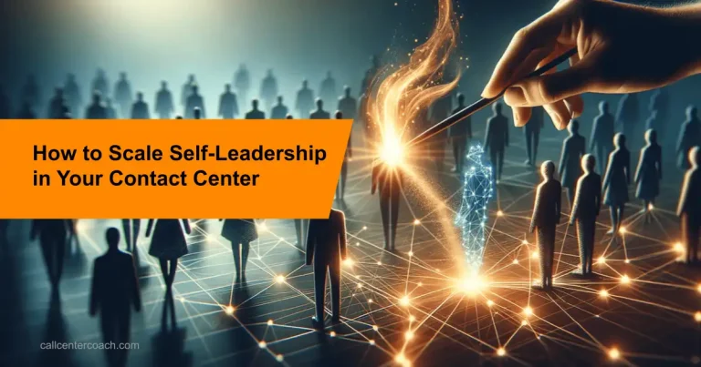 A glowing spark activates a single figure in a crowd, symbolizing the spread of self-leadership in contact centers.