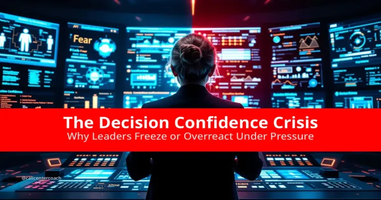 A leader frozen at a glowing AI control dashboard, symbolizing the Decision Confidence Crisis in leadership.