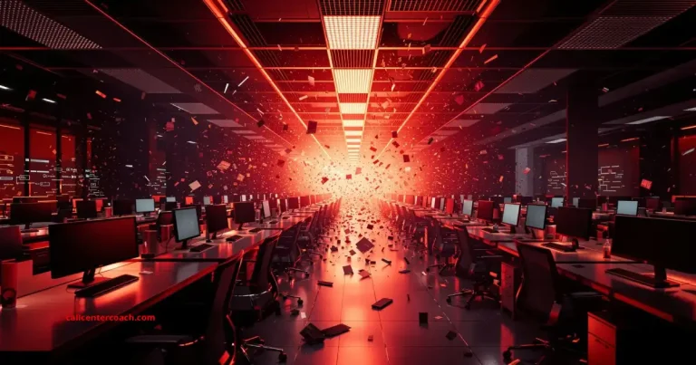 Chaotic contact center scene with warped desks and misaligned signals showing leadership instability and systemic drift.